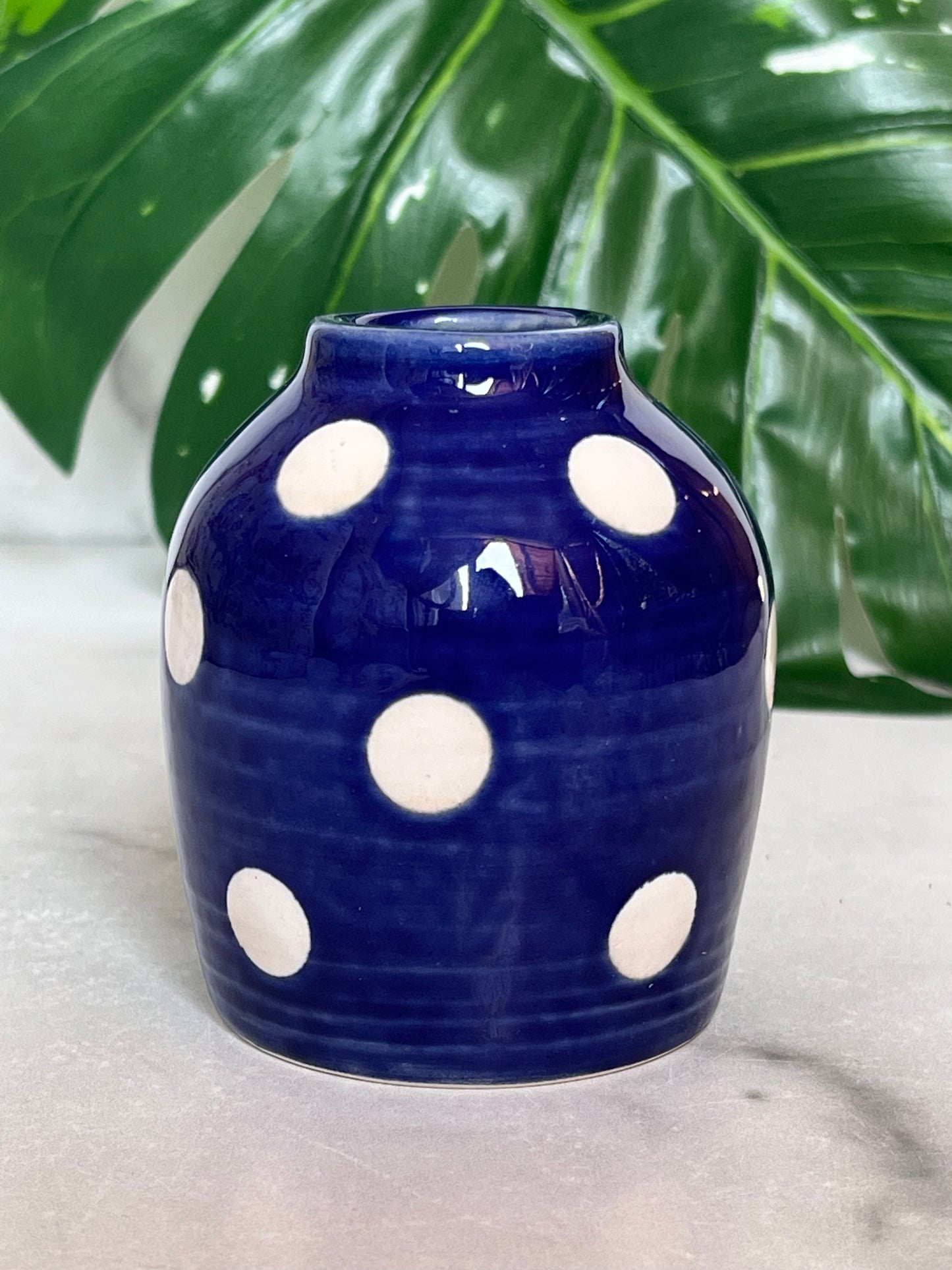 Blue polka dot bud vase
